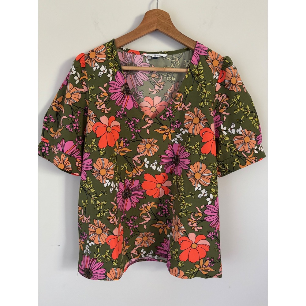 Michelle McDowell Floral V-Neck Puff Sleeve Blouse Olive Pink Orange Medium
